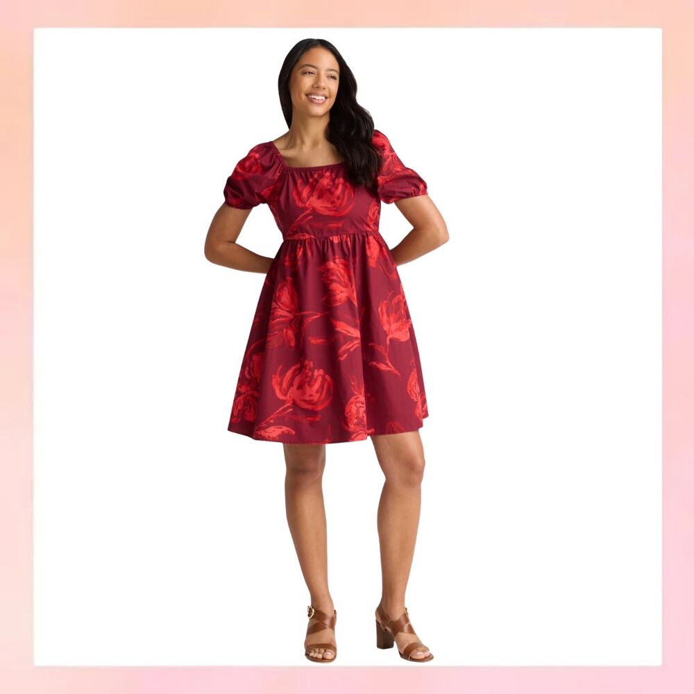Time and Tru Red Floral Square Neck Tie Back Puff Sleeve Midi Dress Size S 4-6